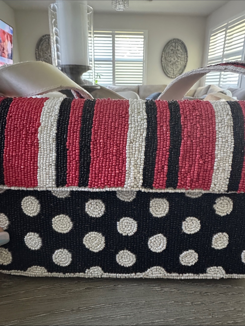 Hand-Beaded Accent Tote in Red, Black & White NWT